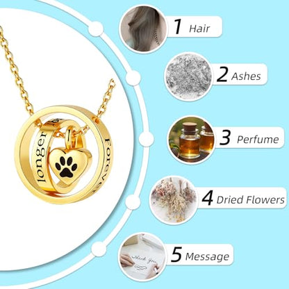 Cremation Jewelry for Ashes Pendant Dog/Cat Funeral Keepsake Urn Necklace Paw Print Memorial Necklace Forever in My Heart,No Longer by My Side Pet - color: Gold