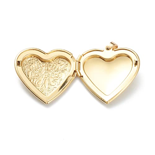 Beadthoven 10pcs Gold Plated Brass Heart Locket Pendants Engraved Floral Heart Photo Frame Charms Photo Holder Memory Locket Pendants for DIY Necklace Jewelry Making - color: Gold-Heart with Flowers