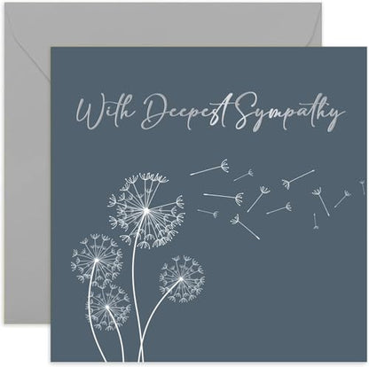 With Deepest Sympathy - Grey Blue Dandelion Condolences - Sorry Mourning Bereavement Cards for Adults - Thinking of You | Blank Inside
