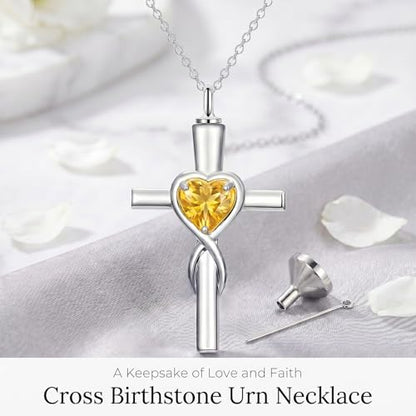 YYB Urn Necklace for Ashes Women Heart Birthstone Cross Cremation Jewelry | Memorial Keepsake Funeral Jewelry for Loved Ones (with Funnel Filler) - color: 11-Nov-Citrine