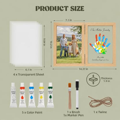 Family Handprint Kit, DIY Baby Hand and Footprint Handmade Keepsake Wooden Frame, Family Gifts with 5 Non-Toxic, Baby-Safe Paints, Gift Ideas for New Parents, Grandparents, Father's Day, Mother's Day - color: Natural Wood, size: 4 Pages Acrylic Boards
