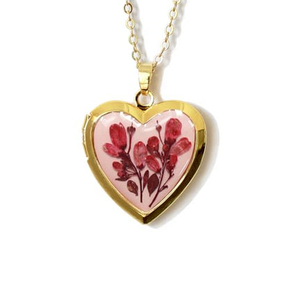 Handmade Dried Pressed Flower Heart Shaped Photo Locket Pendant Necklace - color: Gold, style: Customized pattern with photo
