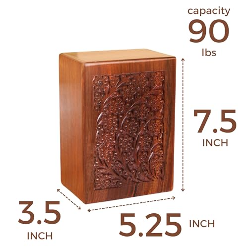 Hashcart Floral Wooden Cremation Urn Set of 3, 16/40/90 Lbs | Sheesham Rosewood, Slide-Open Lid, Velvet Bags, Adult Male Female, Family Sharing