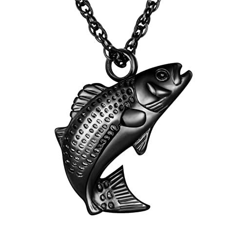 XIUDA Fish Urn Cremation Necklace for Ashes Urn Necklaces for Human Ashes In Loving Memory of Dad Fishing Locket Ashes Holder Keepsake Cremation Memorial Pendant Jewelry - color: black fish