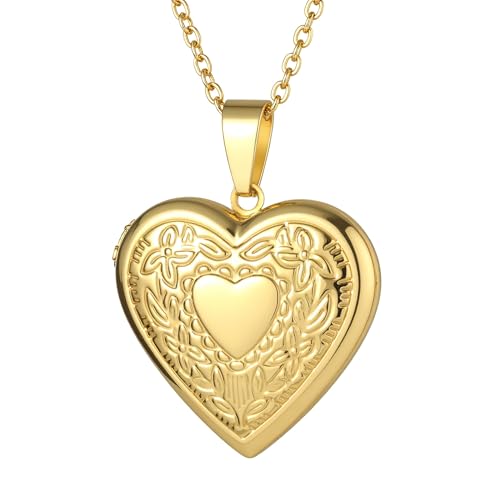 Personalized Heart Locket Necklace for Women with Picture Custom Inside Engraved Text Silver/Gold/Rose Gold Photo Locket Stainless Steel Memorial Gifts for Mom Daughter Grandmother - color: A4: Gold Flower Pattern (Non-custom)