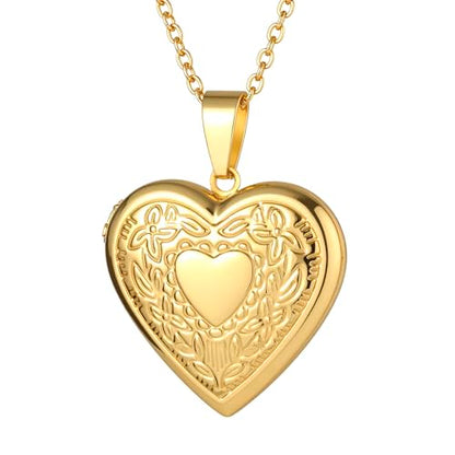 Personalized Heart Locket Necklace for Women with Picture Custom Inside Engraved Text Silver/Gold/Rose Gold Photo Locket Stainless Steel Memorial Gifts for Mom Daughter Grandmother - color: A4: Gold Flower Pattern (Non-custom)