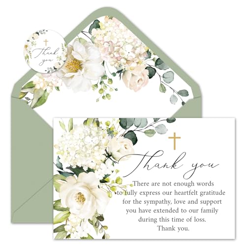Whaline 48Pcs Funeral Thank You Cards Floral Sympathy Thank You Card with Stickers Envelopes White Flower Bereavement Card for Memorial Service Loved Ones Celebration of Life