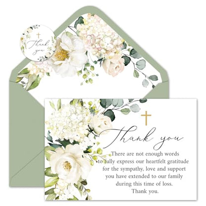 Whaline 48Pcs Funeral Thank You Cards Floral Sympathy Thank You Card with Stickers Envelopes White Flower Bereavement Card for Memorial Service Loved Ones Celebration of Life