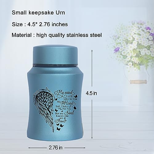 4.5 Inches Small Urn for Human Ashes Stainless Steel Mini Cremation Urn Small Keepsake Urn Heart Wing Pattern Memorial Ashes Container-Blue - size: Wing-Blue