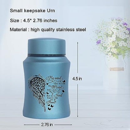 4.5 Inches Small Urn for Human Ashes Stainless Steel Mini Cremation Urn Small Keepsake Urn Heart Wing Pattern Memorial Ashes Container-Blue - size: Wing-Blue