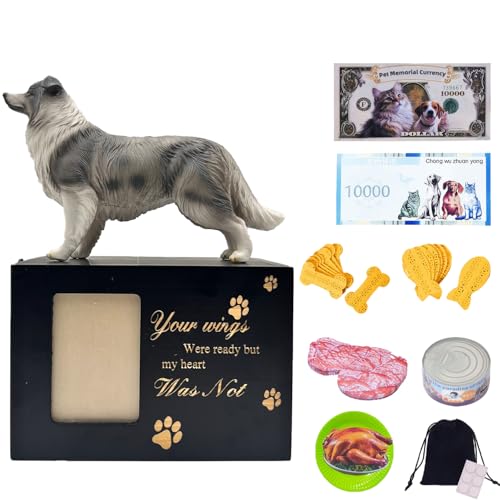 Pet Urns for Dogs Wooden Dog Urns for Ashes with Gray Border Collie Figurine, Lockable Photo Frame Pet Urn Box, Small Pet Urns for Cats and Dogs Memorial Display - color: Grey Border Collie 1655, size: Black framed urn