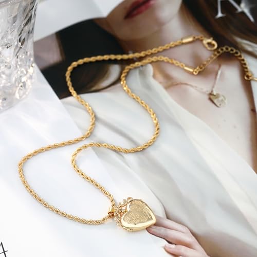 Gold Locket Necklace for Women Vintage, Heart Star Moon Butterfly Angel Holds Picture Photo Oval Locket Pendant Memorial Necklace Personalized Celestial Jewelry Birthday Gifts - style: Flower Heart
