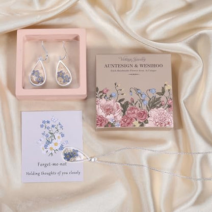 AUNTESIGN Forget-Me-Not and Queen Anne's Lace Pressed Wildflower Necklace | Birth Month Flowers Necklace | Gold/Silver Pressed Flower Jewelry | Mother's Day | Gift For Her - color: 925 Sterling Silver Forget-Me-Not Necklace(Silver)