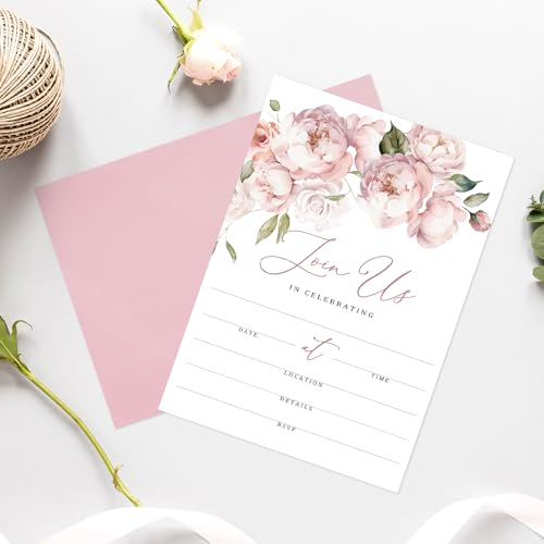 Whaline 25 Packs Floral Invitations with Envelopes and Stickers Pink Flower Invitation Cards Watercolor Rose Blank Party Invites for Wedding Birthday Bridal Shower, 5 x 7 Inch - style: Florals