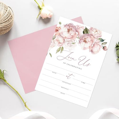 Whaline 25 Packs Floral Invitations with Envelopes and Stickers Pink Flower Invitation Cards Watercolor Rose Blank Party Invites for Wedding Birthday Bridal Shower, 5 x 7 Inch - style: Florals