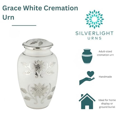 Grace White Cremation Urn for Ashes, Brass, White and Silver Urn, Adult Sized Cremation Urn, 10.25 Inches High - color: White