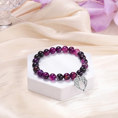 Sympathy Gifts for Loss of Loved one Memorial Healing Remembrance Condolence Grief Present for Women Pink Beads Bracelet With Angel Wings - style: Amethyst-Wings-With Heartfelt Sympathy