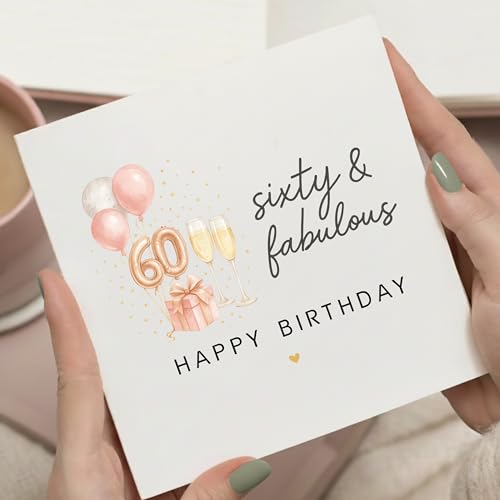 TEEMI-40th 50th 60th Birthday Card for Women - Fabulous Birthday Greeting Card with Envelope, Rose Gold Balloons Champagne Design, 300gsm Premium Cardstock, Blank Inside for Mom Sister Friend Wife (60th) - color: 60th