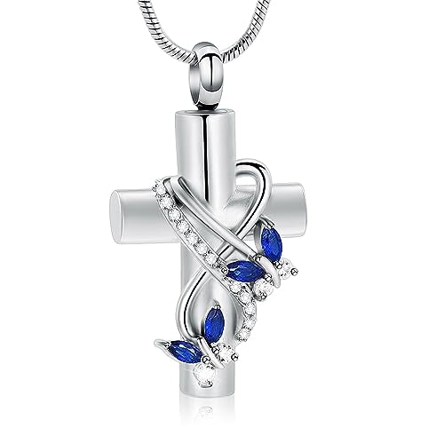 shajwo Cross Urn Necklace for Ashes Birthstone Rose Flower Cremation Jewelry for Women Gilrs Keepsake Memorial Ashes Pendant - color: Butterfly-Blue