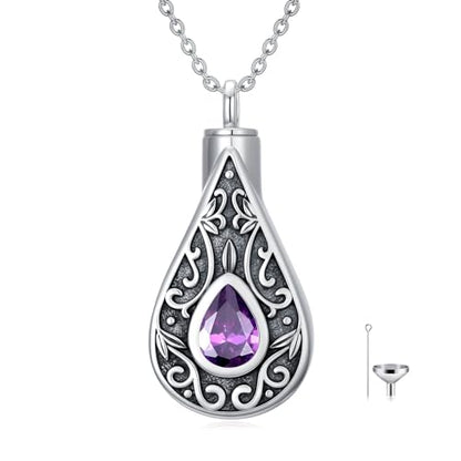 Teardrop Urn Necklace for Ashes Filigree Birthstone Keepsake Pendant Cremation Jewelry for Ashes Memorial Jewelry Gifts for Loss of a Loved One for Women - style: Feb-Amethyst