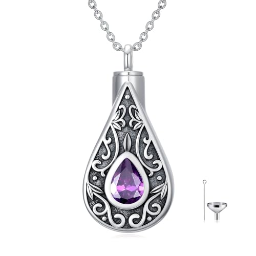 Teardrop Urn Necklace for Ashes Filigree Birthstone Keepsake Pendant Cremation Jewelry for Ashes Memorial Jewelry Gifts for Loss of a Loved One for Women - style: Feb-Amethyst