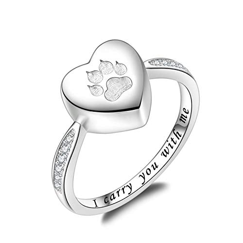 Fookduoduo 925 Sterling Silver Paw Print Urn for Ashes I Carry You with me Cremation Jewelry Dog Cat Claw Urn Finger Ring for Pet Lovers - color: silver