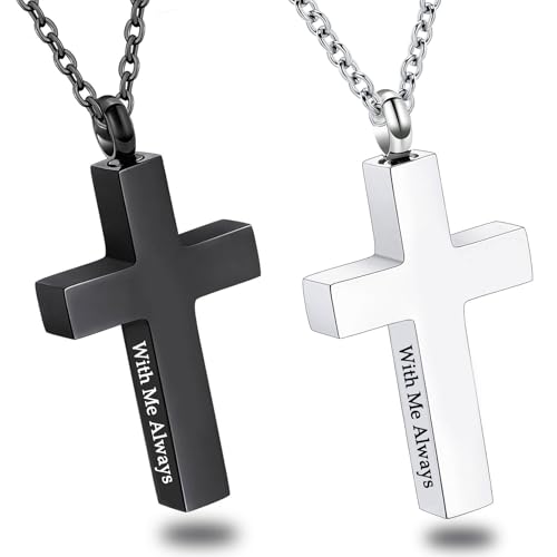 Cross Urn Necklace for Ashes for Men Women Cremation Jewelry Urns Locket Pendant Ashes Holder Memorial Jewelry-Always in My Heart - color: 2pcs Silver/Black