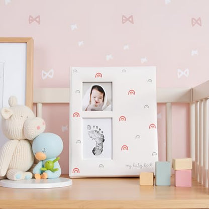 Little Pear New Baby Giftset, Rainbow Baby Keepsake Book with Included Ink Pad, Wooden Monthly Milestone Discs, Newborn Clay Handprint and Footprint Hanging Keepsake - color: New Baby Giftset