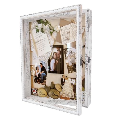 11*14 Wedding Shadow Box Display Case with Door - Deep Depth Picture Frame for Wedding Bouquet Memorabilia Medals Photos - Large White Shadow Box Frame with Unique Design Beads - color: White, size: 11*14