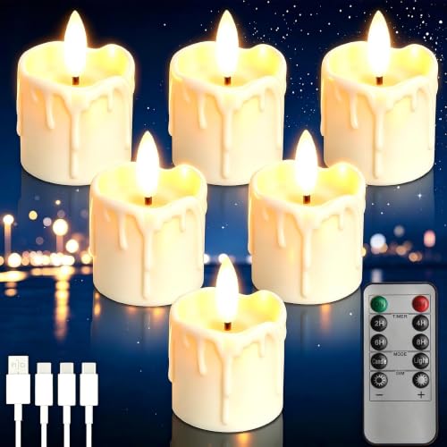 Rechargeable Flameless Tea Light Candles with Remote, 1.5"x2.2" Dripping Fake Electric Flickering Votive Candles for Anniversary Wedding Table Centerpiece Halloween Christmas Decor, Ivory White 6 pack - color: Style B