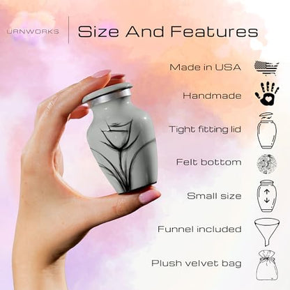 Custom Gray Flower Mini Urn – Personalized Text – Small 3" Keepsake Cremation Urn for Human Ashes – Drawn Tulip Design – Velvet Bag, Box & Funnel – Made in USA - color: Customized Gray, size: Small