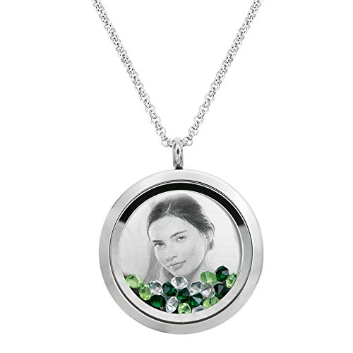 Laser Engraved Personalized Photo & Text Message Floating Locket Crystals Necklace Pendant Handmade Love Note Anniversary Wedding Birthday Gift - style: Green - Photo + Message Engraving