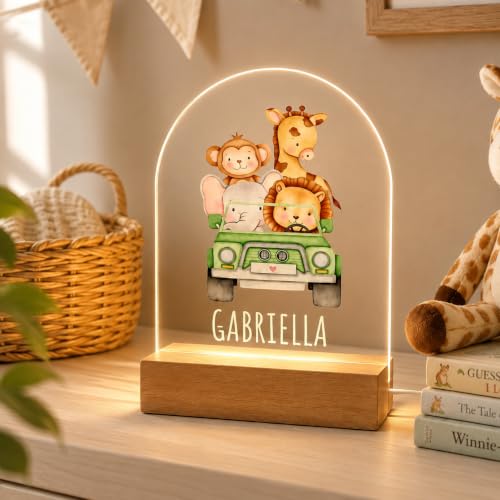 MIRROR MANIA Personalized Safari Animal Night Light for Kids – Custom Name Acrylic LED Lamp with Soft White Light, Wooden USB Base, Nursery Decor for Baby Boys & Girls, Made in USA