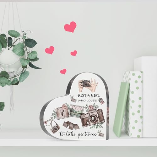 Photographers Gifts for Women, Photo Lovers Birthday Gifts, Camera Themed Paperweight Friendships Gifts for Besties, Desk Table Decor for Girls, Just a Girl Who Loves Acrylic Sign - style: Just a girl like to take pictures