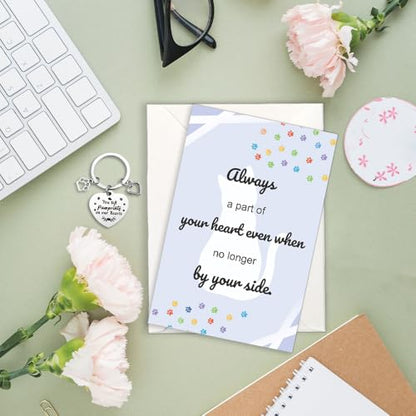 Pet Sympathy Card for Cat with Pet Memorial Keychain, Cat Memorial Gifts, Bereavement Gifts for Loss of Pets Sympathy Cards with Envelopes Condolences Gift for Loss