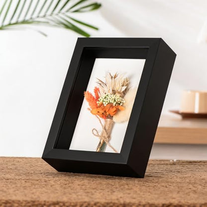 4x6 Small Shadow Box Frame with Ultra-Clear Glass & Soft Linen Back | With Push Pins and Stand, Deep 1.2" Black Shadow Box Display Case – Display on Tabletop or Wall for Photo, Flower, Keepsakes - color: Black+high Definition Panel + Shatter-proof Packagi