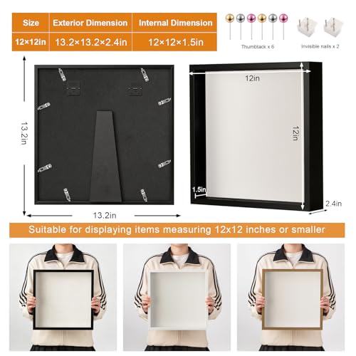 12x12 Shadow Box Frame with Ultra-Clear Glass & Soft Linen Back | With Push Pins and Stand, Deep 1.5" Black Shadow Box Display Case – Display on Tabletop or Wall for Photo, Wedding, Keepsake - color: Black+high Definition Panel + Shatter-proof Packaging,