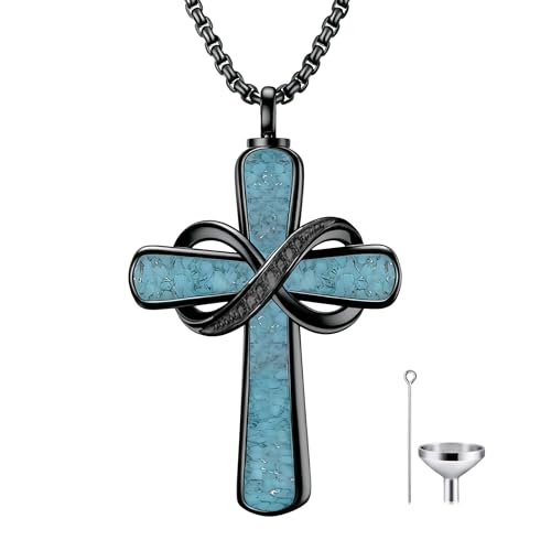 Turquoise Cross Urn Necklaces for Human Ashes 925 Sterling Silver Urn Necklaces Cremation Keepsake Memorial Pendant Necklace for Ashes for Loved One Human Pet - style: Infinity&Black