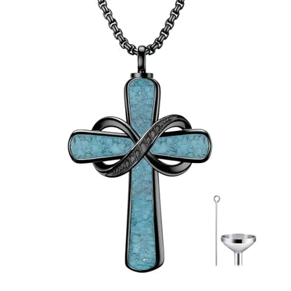 Turquoise Cross Urn Necklaces for Human Ashes 925 Sterling Silver Urn Necklaces Cremation Keepsake Memorial Pendant Necklace for Ashes for Loved One Human Pet - style: Infinity&Black