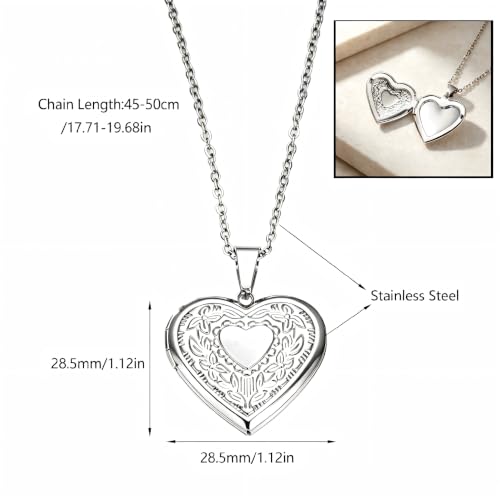 Heart Locket Necklace Pendant Dainty Memorial Keepsake Locket Necklace That Holds Pictures Stainless Steel Heart Photo Box Necklace for Women Lover Mother Father Daughter Son Fashion Jewelry Gifts - color: 01Silver