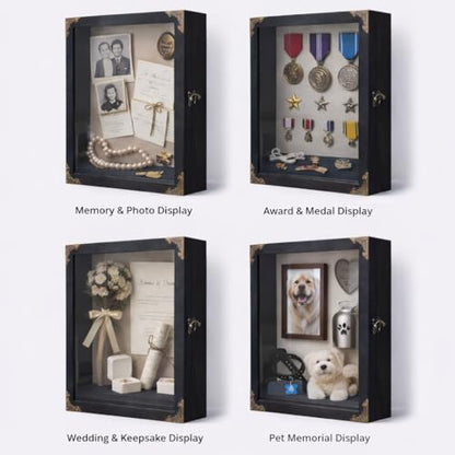 11x14 Shadow Box Frame, Solid Wood Memory Display Case with Glass Door, Linen Back, 2.7" Overall Depth, 10 Push Pins & Hanging Hardware, Rustic Keepsake Box for Flowers, Photos, Medals, Black - size: Medium (Black)
