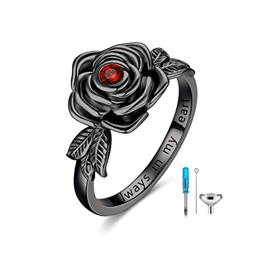 925 Sterling Silver Rose Flower Cremation Urn Ring Holds Loved Ones Ashes Cremation Keepsake Ring Jewelry Embellished with Crystals from Austria - color: Black-Always in my heart
