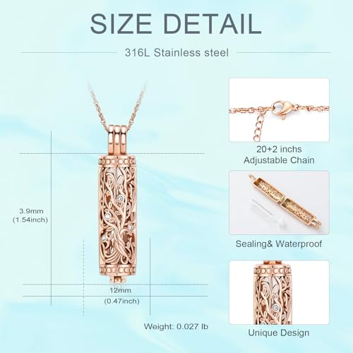 Tree of Life Urn Necklace for Women Men Cylinder Bar Memorial Ash Pendant | Tree of Life Cremation Jewelry,Stainless Steel Keepsakes Necklaces,Vial Ashes Pendant - color: Rosegold