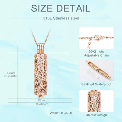 Tree of Life Urn Necklace for Women Men Cylinder Bar Memorial Ash Pendant | Tree of Life Cremation Jewelry,Stainless Steel Keepsakes Necklaces,Vial Ashes Pendant - color: Rosegold