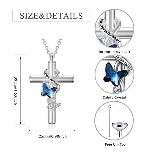 Cross Urn Necklace for Ashes 925 Sterling Silver Cremation Jewelry with Funnel Filler Kit Ashes Necklace for Human Women Girl Pets - color: A_Blue Butterfly Urn Necklace, style: Non-personalized