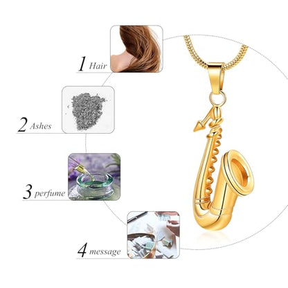 memorial jewelry Music Urn Saxophone Horn Chain Necklace Cremation Ash Keepsake Pendant - color: Gold