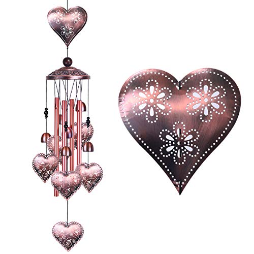 Loving Heart Wind Chimes Outdoor Indoor Decor - with 4 Aluminum Tubes 6 Bells 7 Hearts Mobile Romantic Wind Catcher Heart Shaped Windchimes for Home, Mom Gifts, Balcony, Festival, Garden Decoration