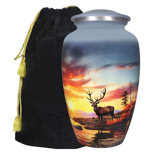 M MEILINXU Grey Deer Urn, Large Cremation Urns for Human Ashes, Forest | Decorative Burial Urn for Women and Men, Nature Memorial for Cremated Remains, Flowing Stream, Home or Columbarium Placement - color: Gray