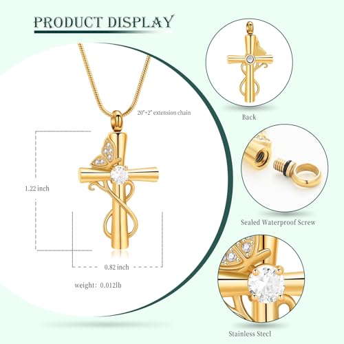 Butterfly Cross Cremation Jewelry Urn Necklaces Cross Butterfly Urn Necklaces for Ashes Memorial Keepsake Pendant for Women Men Gifts With Funnel Kit & Bag - color: Gold+White