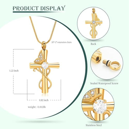 Butterfly Cross Cremation Jewelry Urn Necklaces Cross Butterfly Urn Necklaces for Ashes Memorial Keepsake Pendant for Women Men Gifts With Funnel Kit & Bag - color: Gold+White